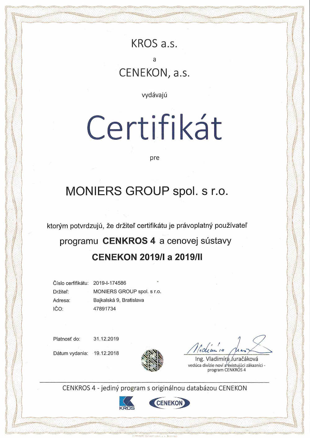 Certifikát CENKROS