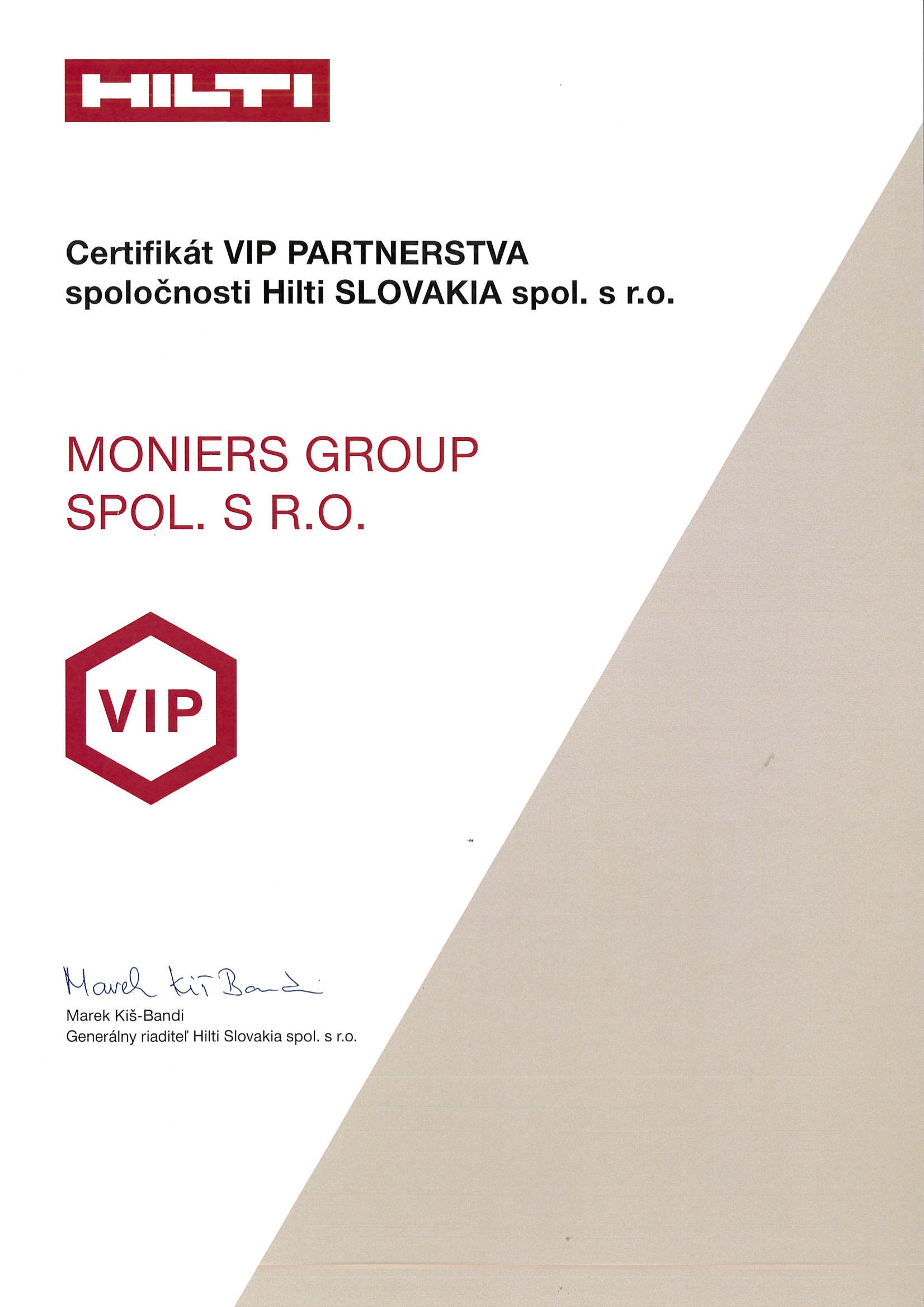 Certifikát HILTI VIP PARTNER